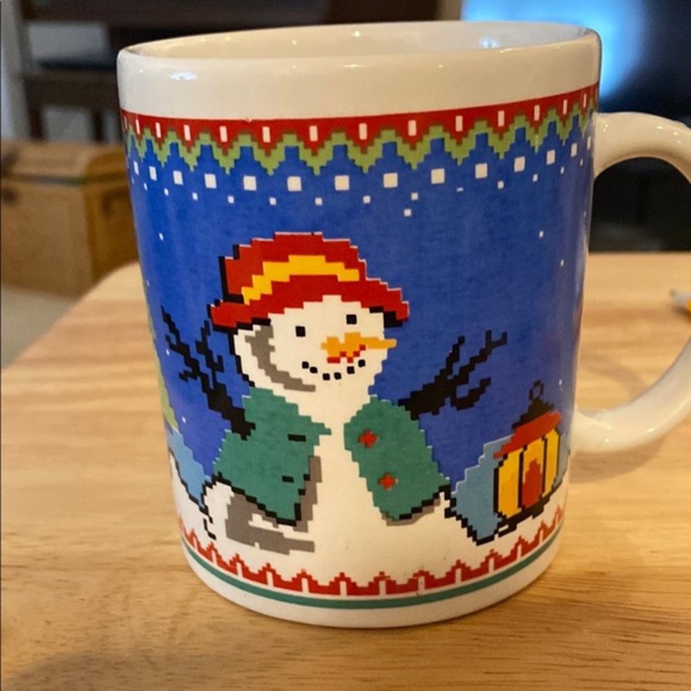 Retro Pixel Snowman Mug holds 8 oz